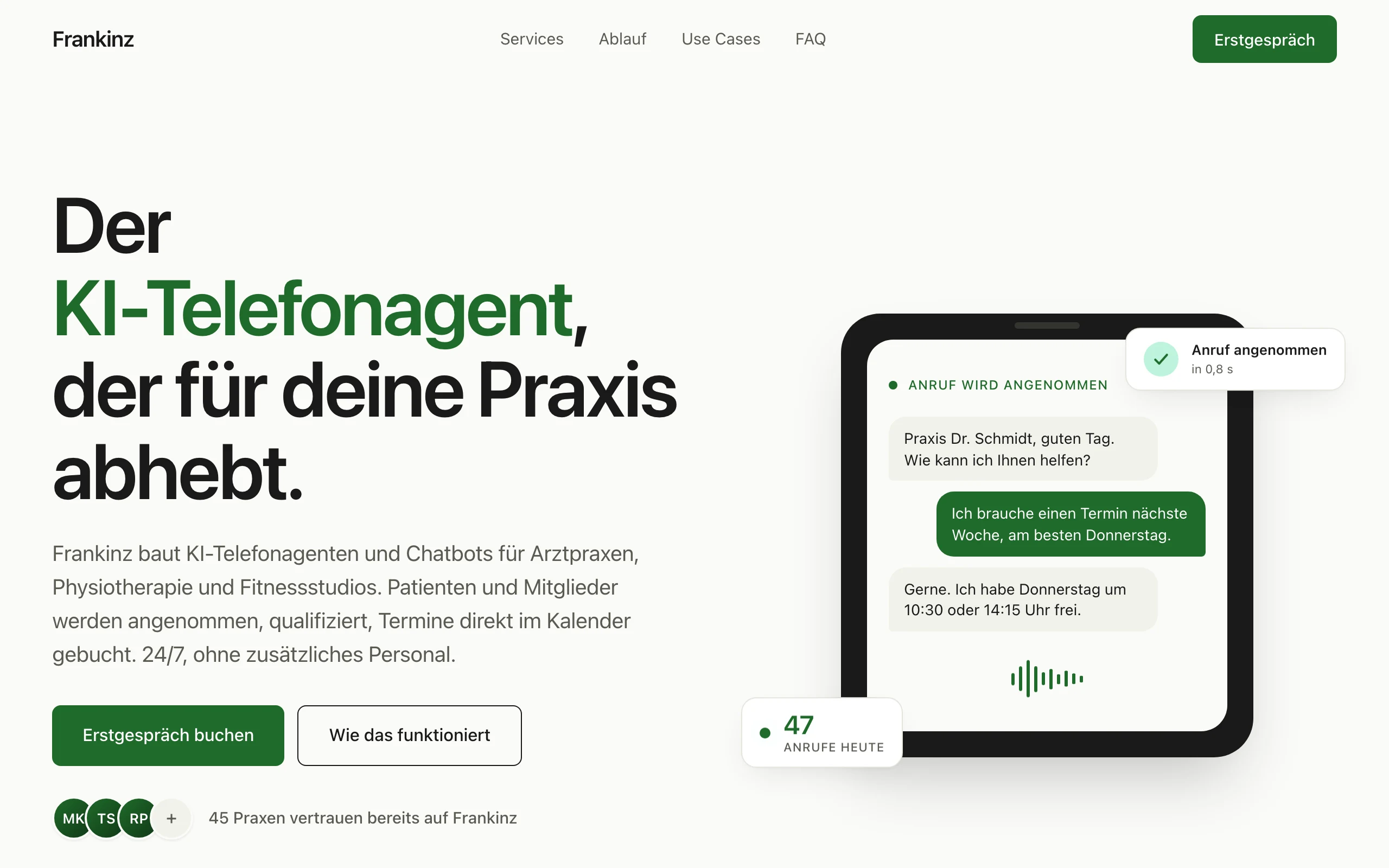 Frankinz — Produktwebsite · KI-Telefonassistenz